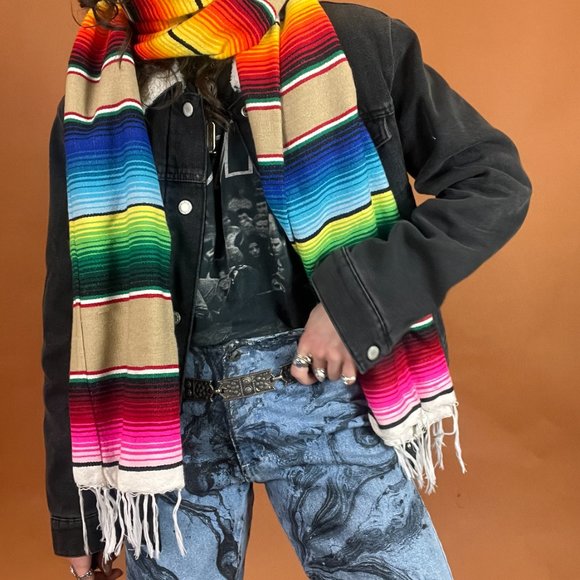 Serape Striped Oversized Scarf - Tan - Handmade - One Size - Picture 5 of 5